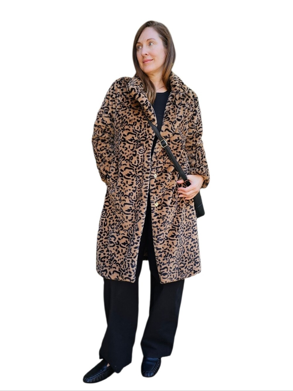 Teddy Leopard Print Faux Fur 3/4 Length Thick Plush Soft Coat women's medium